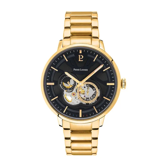pierre-lannier-trio-montre-homme-cadran-noir-bracelet-acier-dor image 1