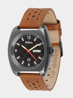 montre-kelton-rc22-damier-marron-jour-date-bracelet-rally-cuir image 2