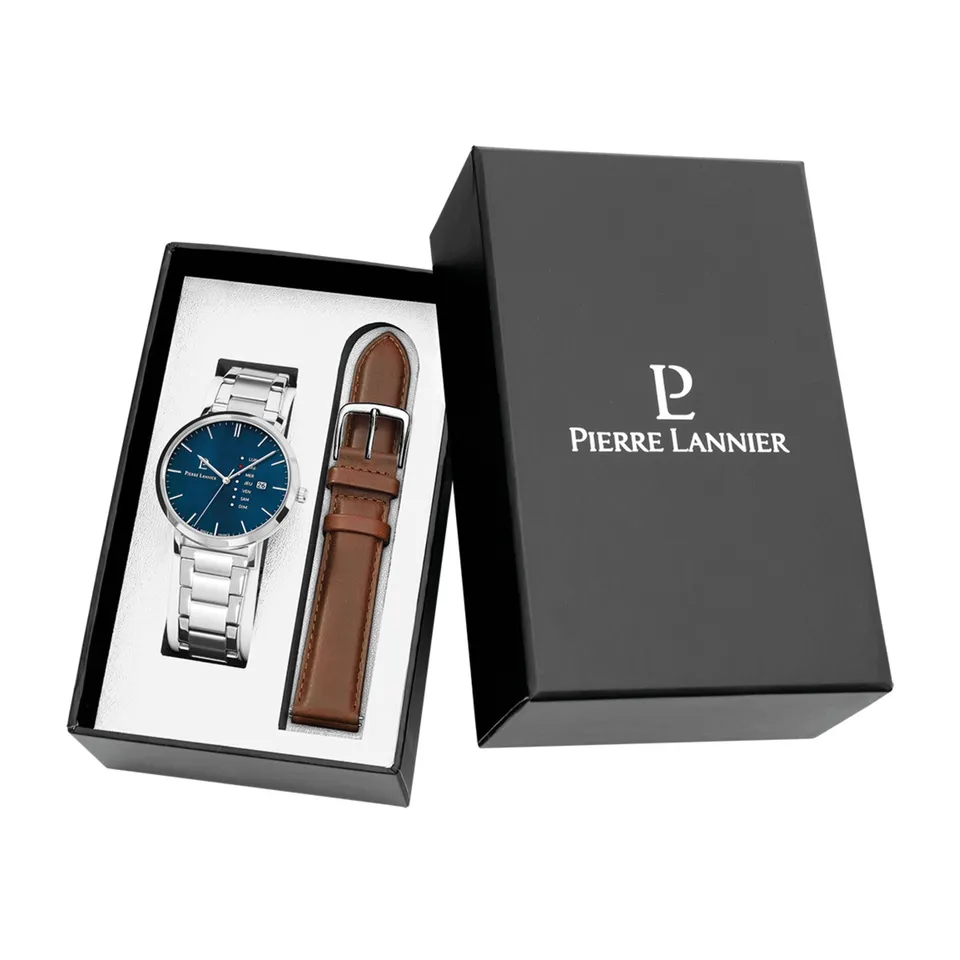 pierre-lannier-data-date-bleu-montre-homme-quartz-42-mm-acier-cuir-marron-3-atm image 1