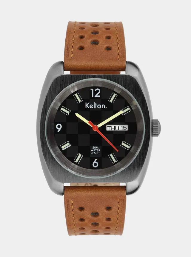 montre-kelton-rc22-damier-marron-jour-date-bracelet-rally-cuir image 1