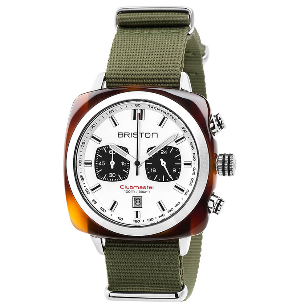 briston-clubmaster-sport-chrono-42-mm-blanc-bracelet-vert-militaire image 1