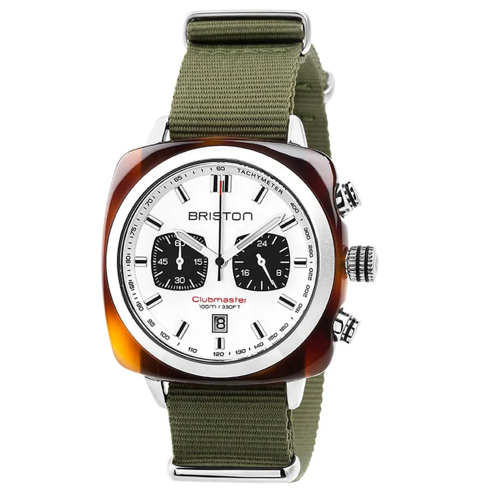 briston-clubmaster-sport-chrono-42-mm-blanc-bracelet-vert-militaire image 1